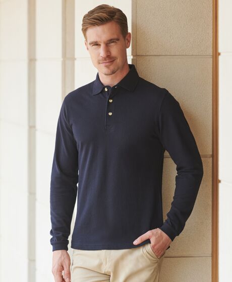 Henbury Long Sleeve Cotton Piqué Polo Shirt Thumbnail